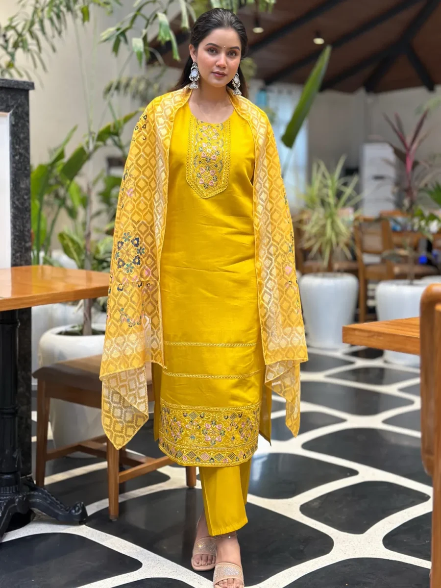 Buy Tivra Yellow Women Kurta and Pant Dupatta Sets Silk Fabrics with Embroidery Online | VICORA