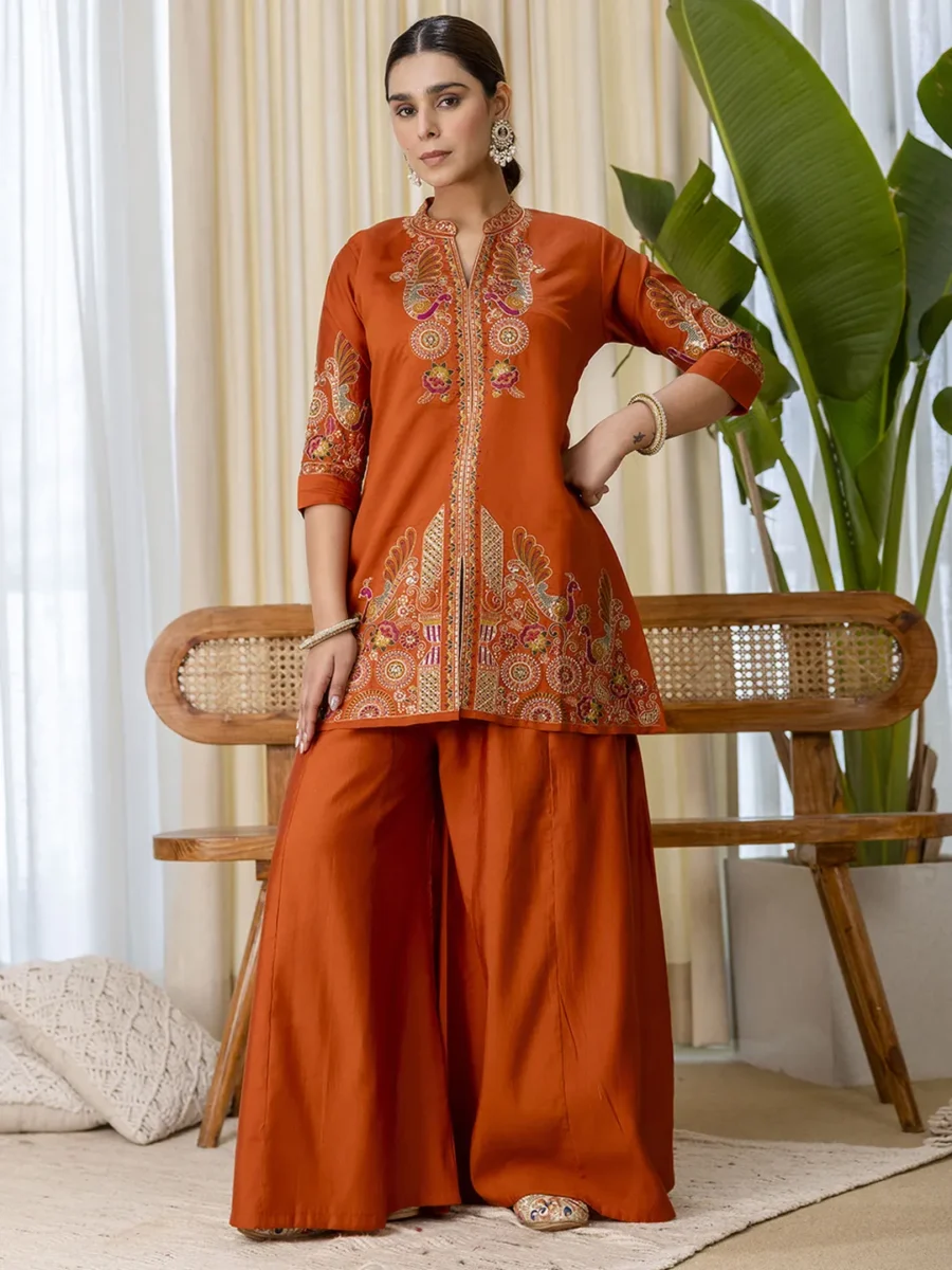 Buy Rust Designer Kurta Plazo Set Online | VICORA