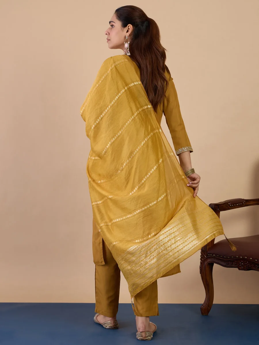 Buy Mustard Elegant Embroidered Kurta Pant Set for Women Online | VICORA