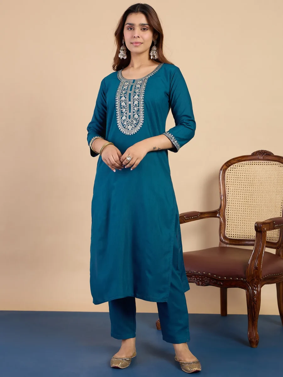 Buy Teal Elegant Embroidered Kurta Pant Set for Women Online | VICORA