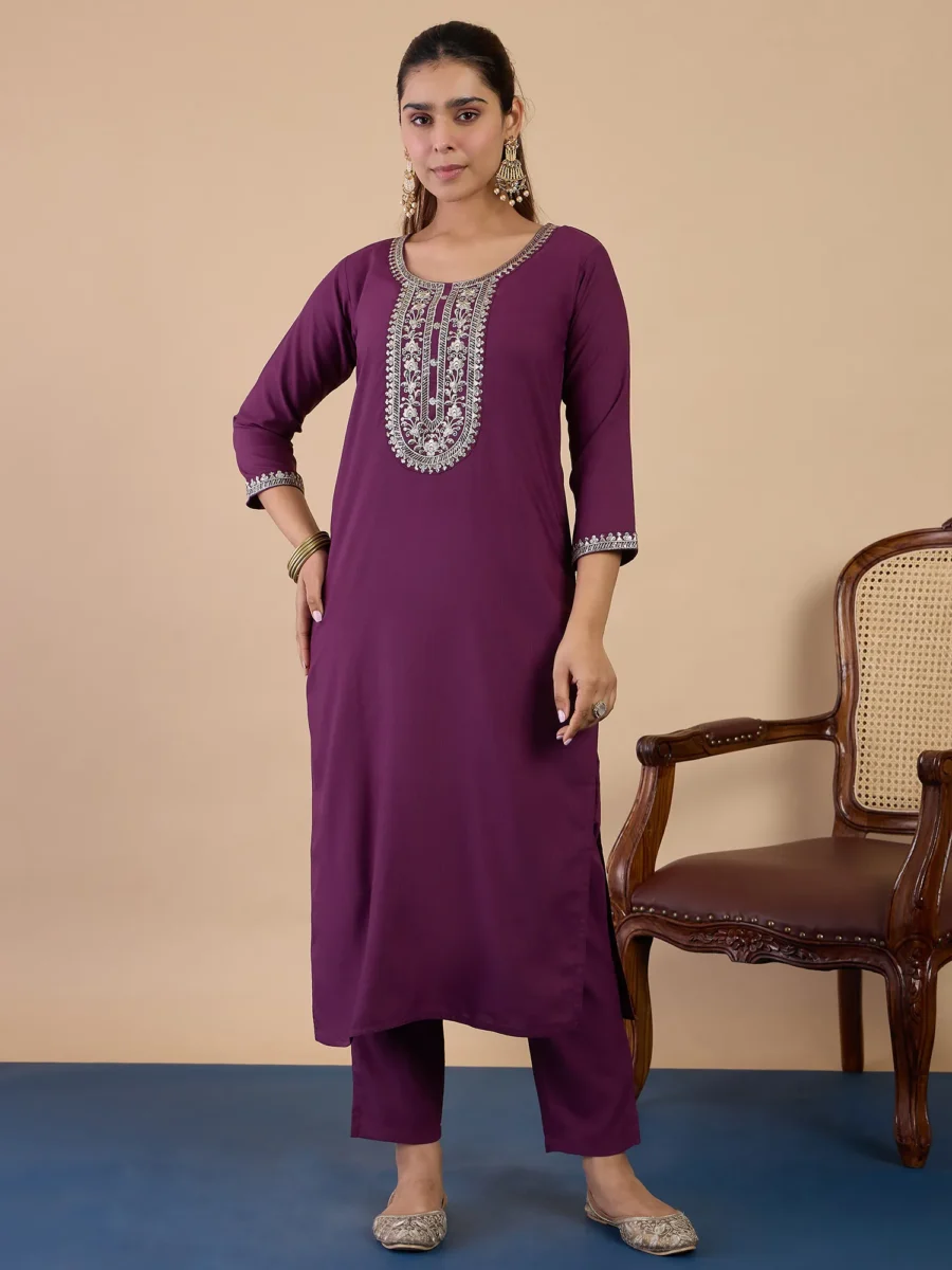 Buy Purple Elegant Embroidered Kurta Pant Set for Women Online | VICORA