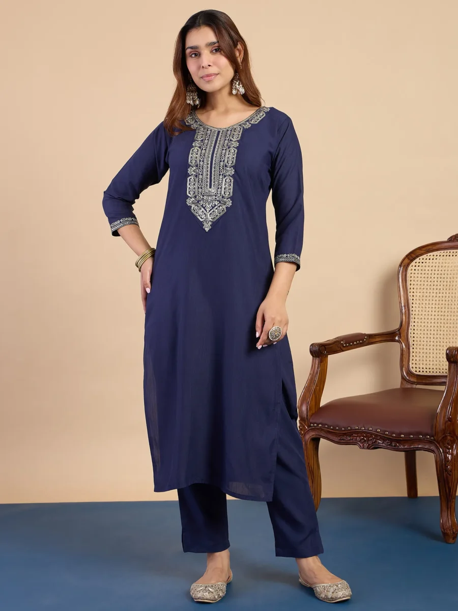 Buy Navy Blue Women’s Traditional Kurta Pant Set with Dupatta Online | VICORA