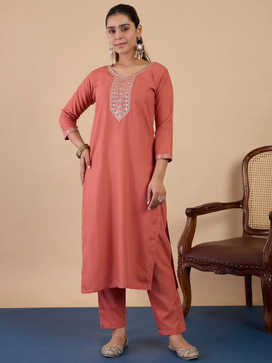 Buy Peach Women's Designer Kurta Pant Set Premium Pattern Collection Online | VICORA