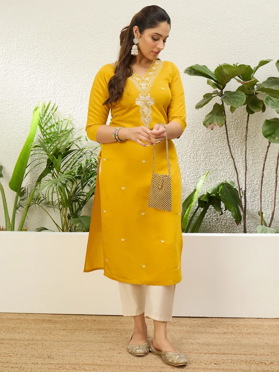 Buy Yellow Women Embroidered Silk Blend Straight Kurta Online | VICORA