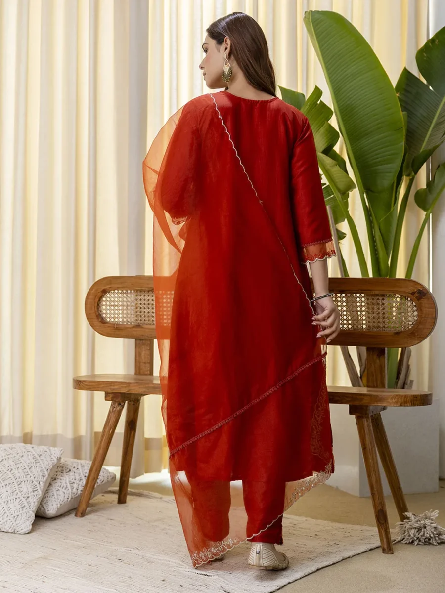 Buy Sukoon Rust Embroidred Kurta Sets with Sequins Work Women Suits Online | VICORA