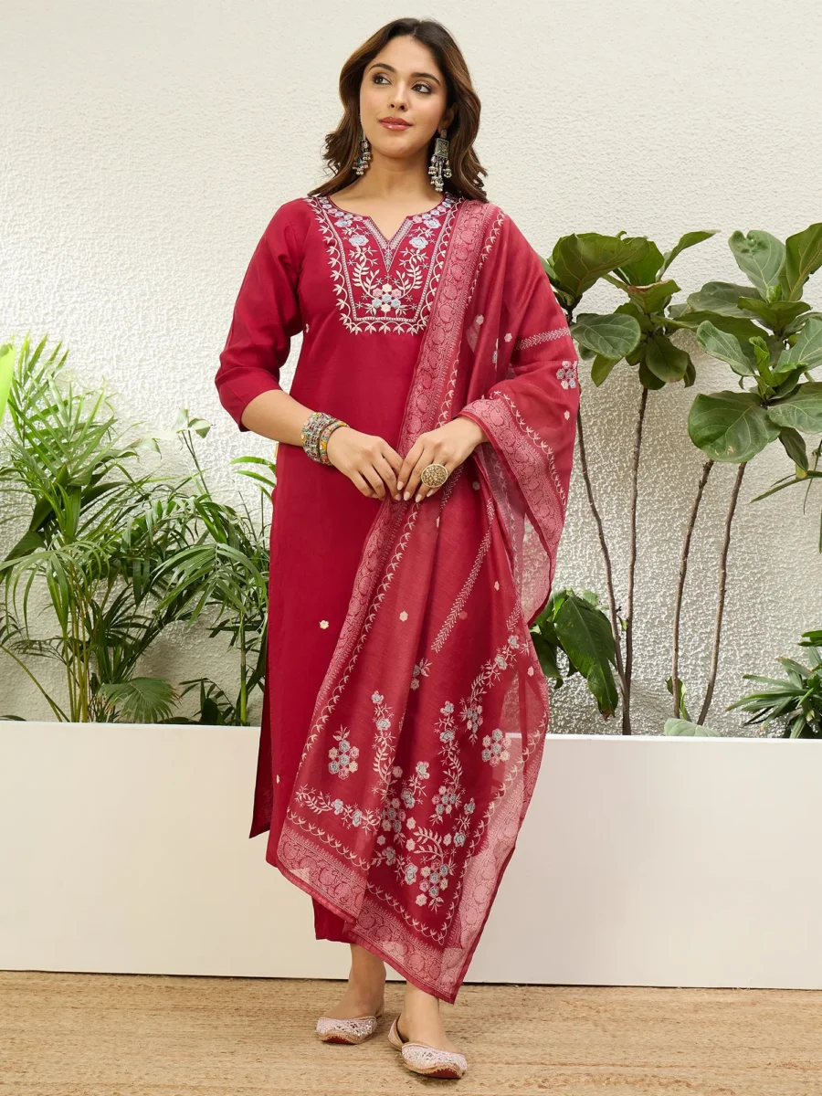 Buy Cherry Red Women’s Traditional Kurta Pant Set with Dupatta Online | VICORA