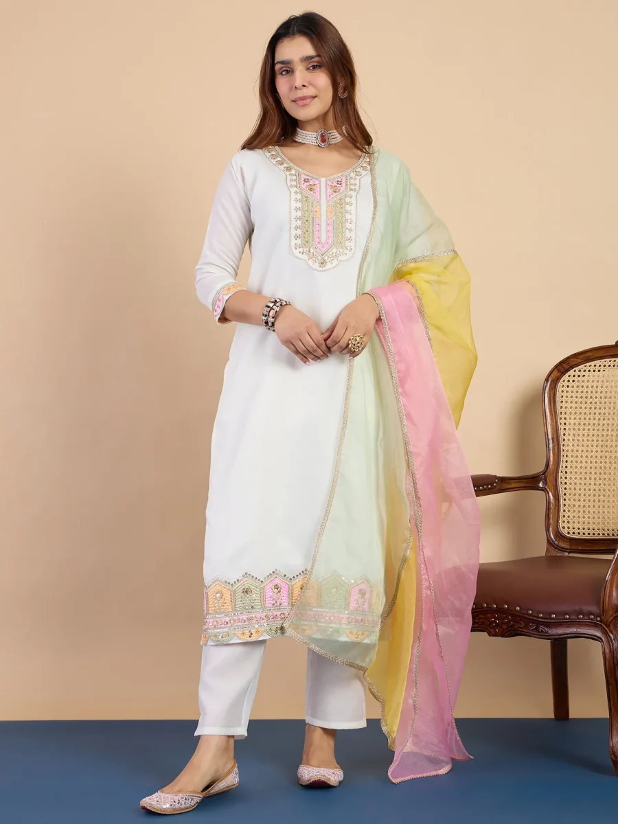 Buy Off-white Women's Designer Kurta Pant Set Premium Pattern Collection Online | VICORA