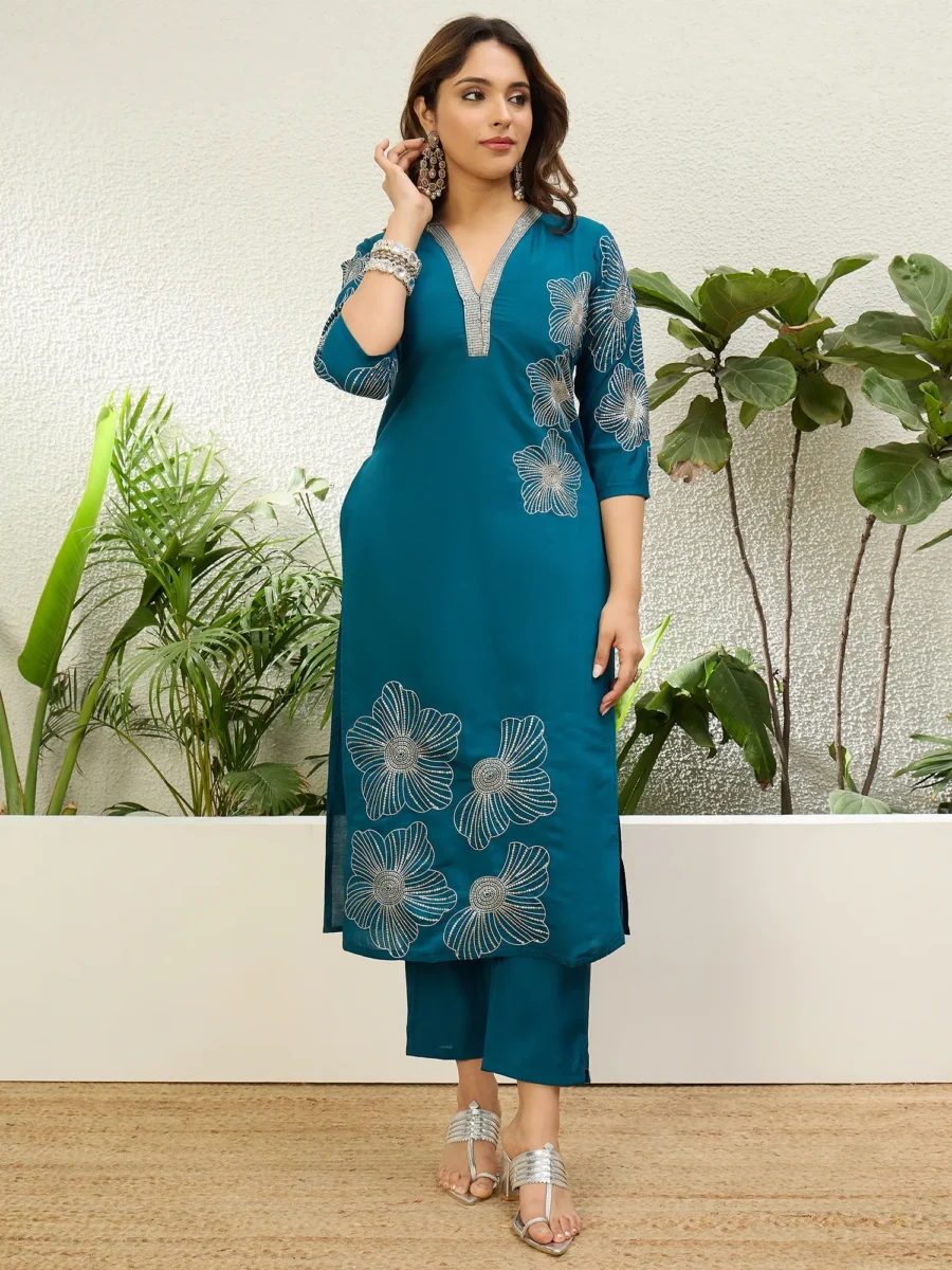 Buy Teal Blue Women’s Traditional Kurta Pant Set with Dupatta Online | VICORA