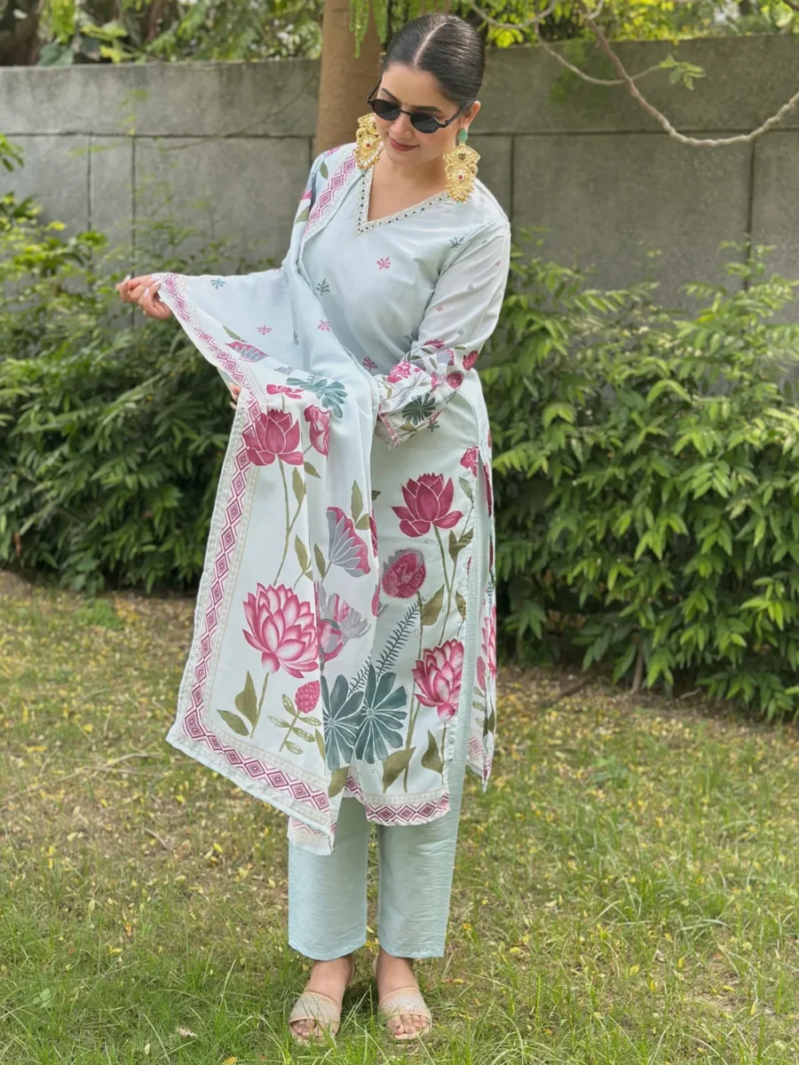 Buy Mist Sky Digital Printed Neck Handwork Women Kurta Sets With Dupatta Straight Suits Online | VICORA