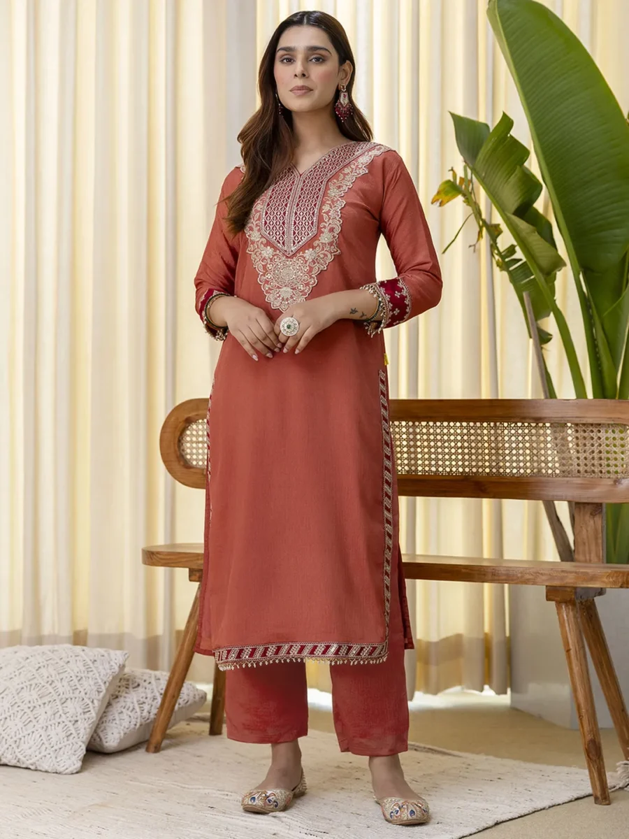 Buy Niyati Peach Embroidred Kurta Sets with Sequins Work Women Suits Online | VICORA