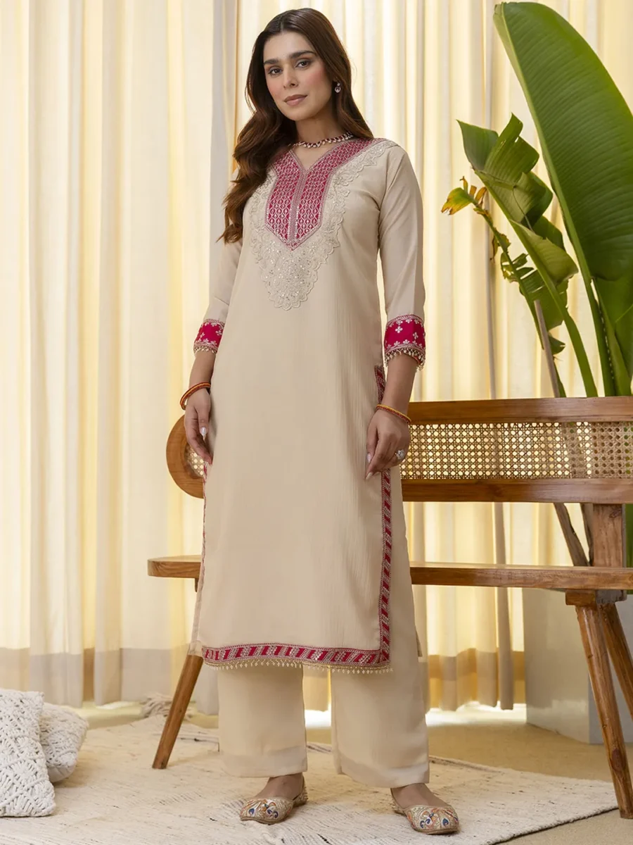 Buy Niyati Cream Embroidred Kurta Sets with Sequins Work Women Suits Online | VICORA
