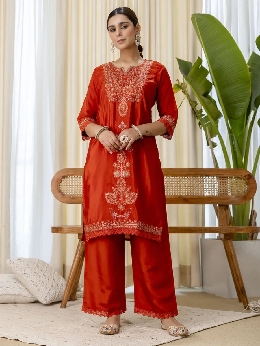 Buy Utsaah Rust Embroidred Kurta Sets with Sequins Work Women Suits Online | VICORA