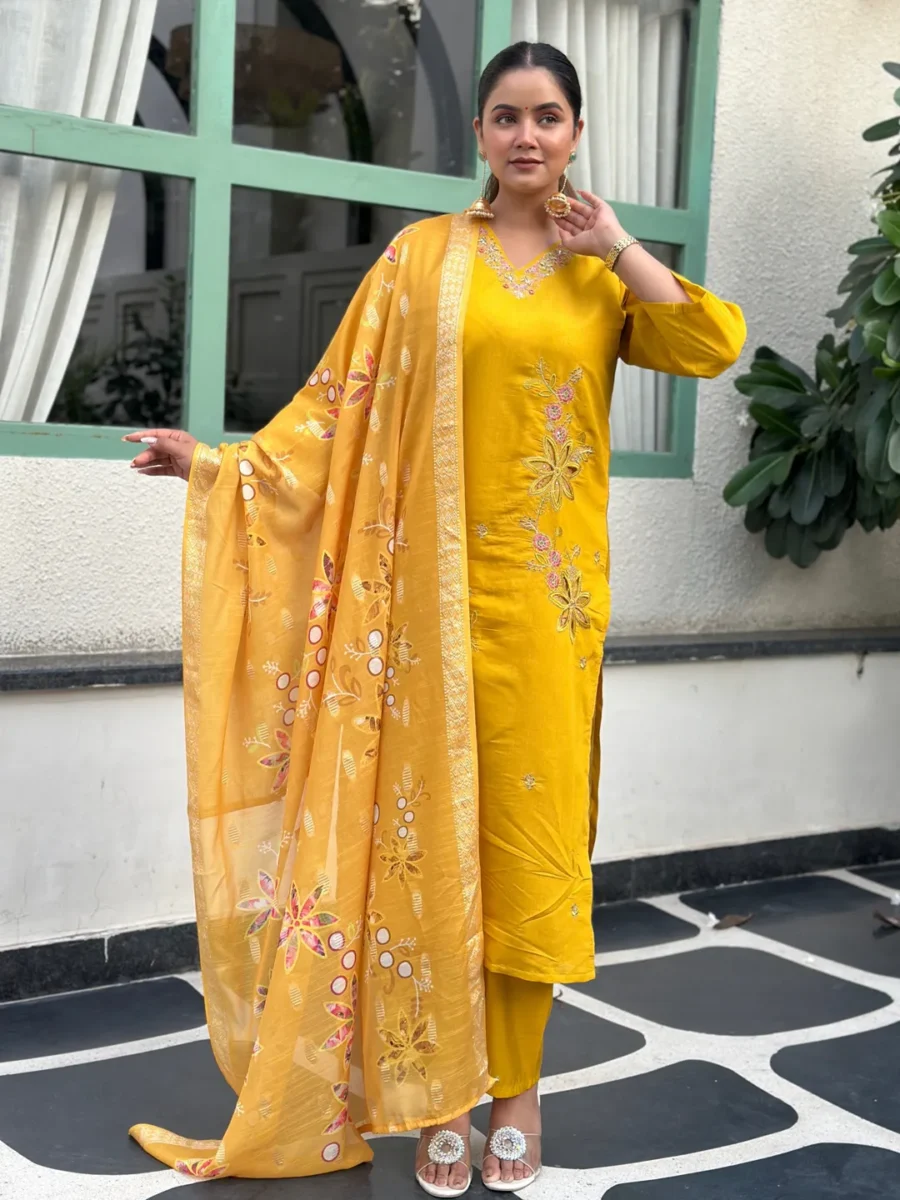 Buy Kivra Yellow Women Kurta and Pant Dupatta Sets Silk Fabrics with Embroidery Online | VICORA