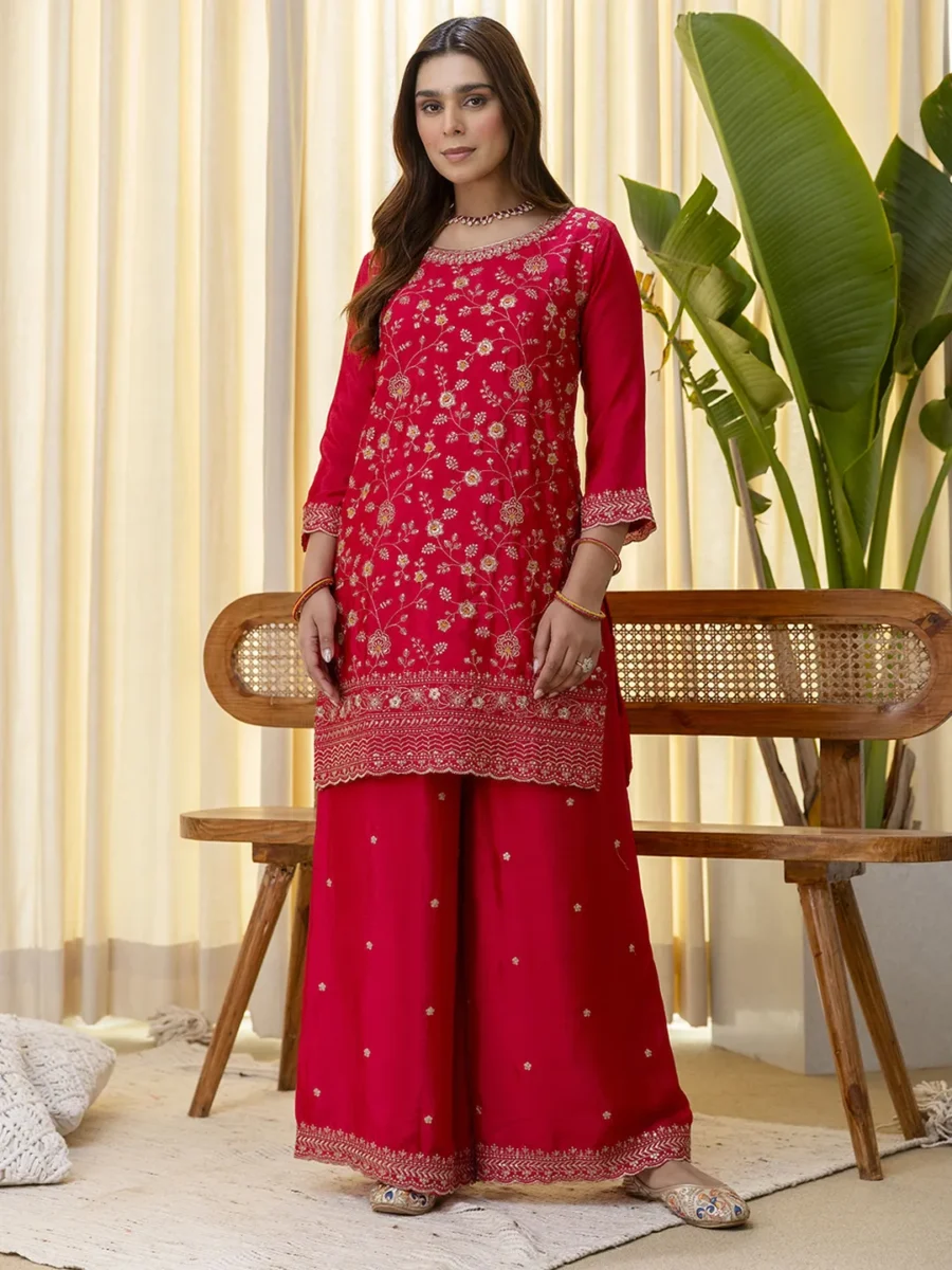 Buy Rani Pink Silk Blend Embroidered with Sequins Straight Kurta Palazzo Dupatta Set Online | VICORA
