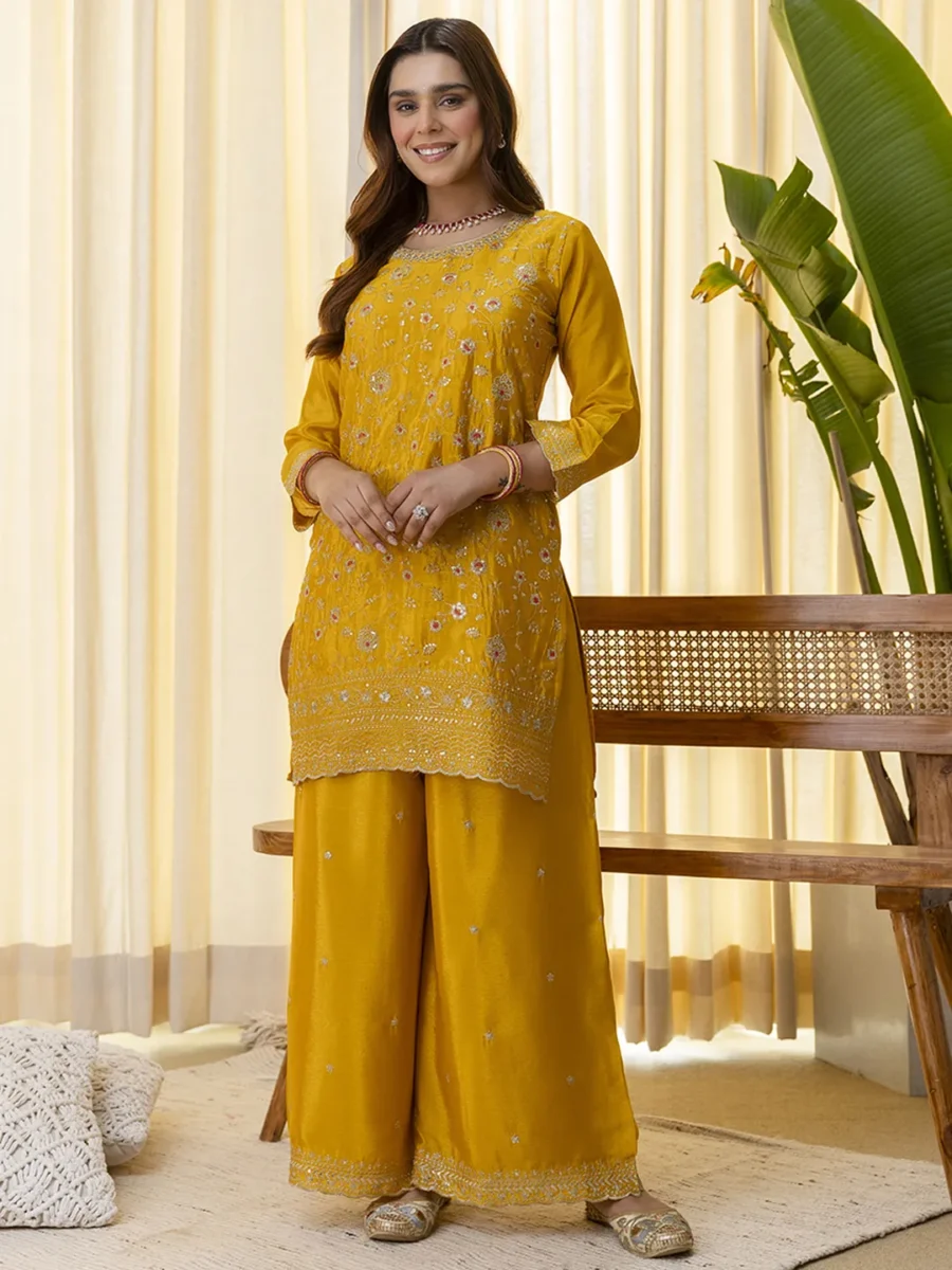 Buy Mustard Silk Blend Embroidered with Sequins Straight Kurta Palazzo Dupatta Set Online | VICORA